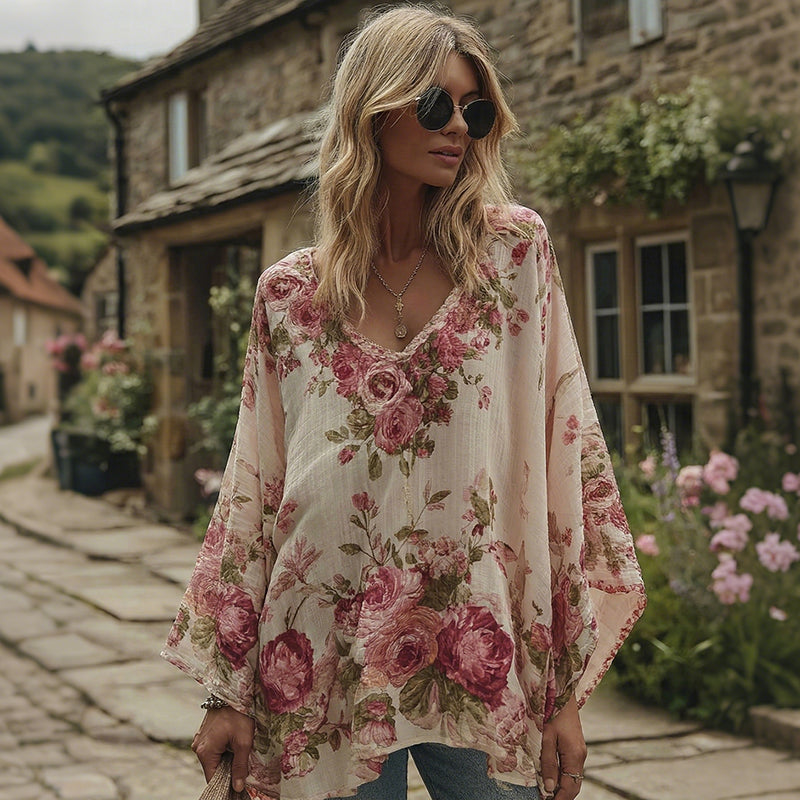 Women's Retro Roses Print V-neck Long Sleeve Linen Blend T-shirt elevenforest