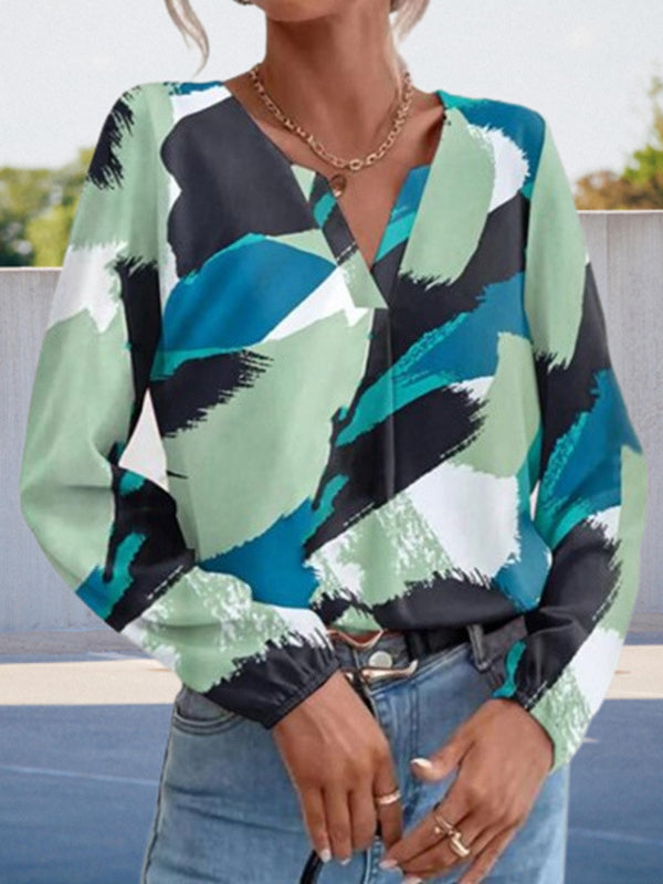 Long Sleeves Loose Printed Split-joint V-neck Blouses&shirts Tops