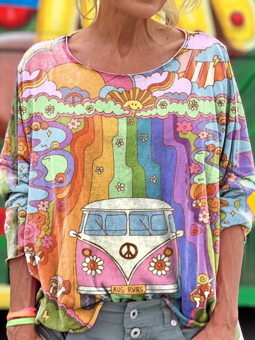 Women's Retro Hippie Bus Print Long Sleeve Top