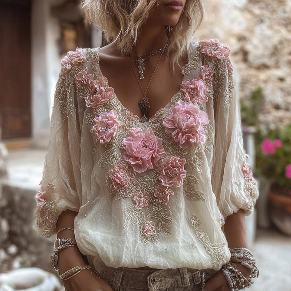 Women's Vintage Floral Embroidered Long-sleeved Top elevenforest