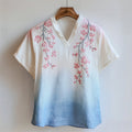 Japanese Cherry Blossom Embroidered Gradient V Neck Linen Shirt elevenforest