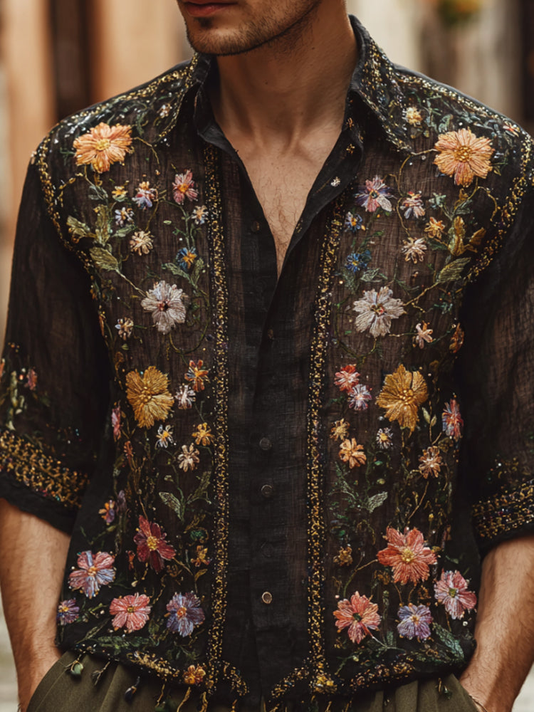 Men's Vintage Floral Turn-down Collar Short-sleeved Shirt elevenforest