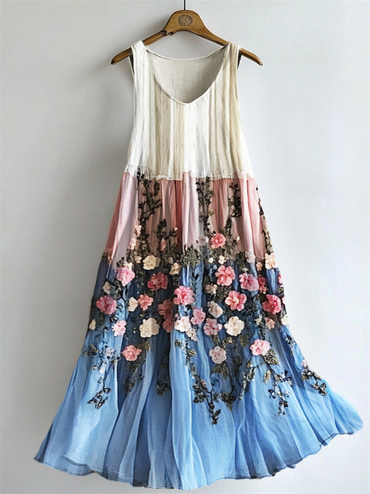 Floral Embroidered Transgender Colorblock Flowy Tank Dress elevenforest