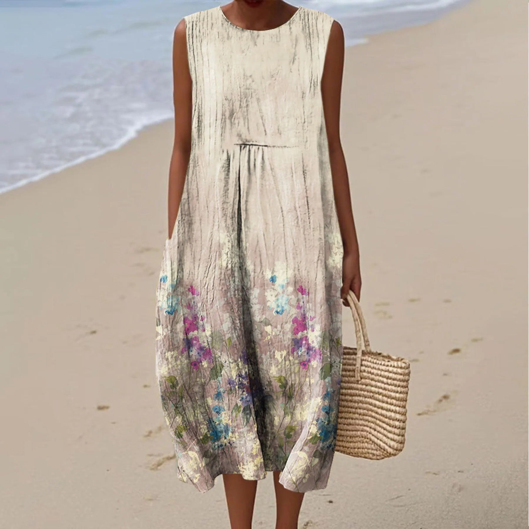 Women's Vintage Floral Art Print Sleeveless Midi Dress elevenforest