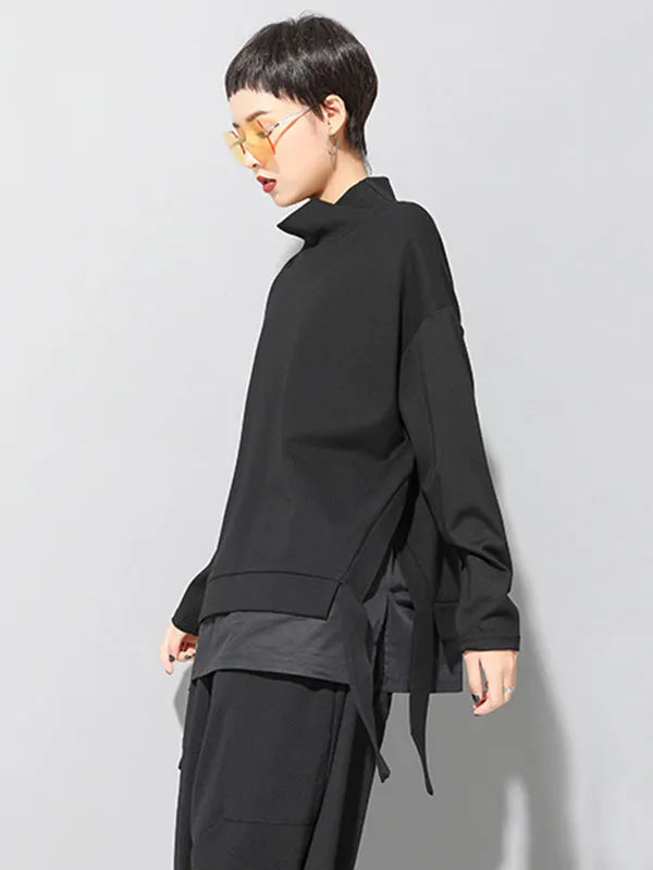 Black False-two Split-joint High-neck Sweatshirt T-shirt