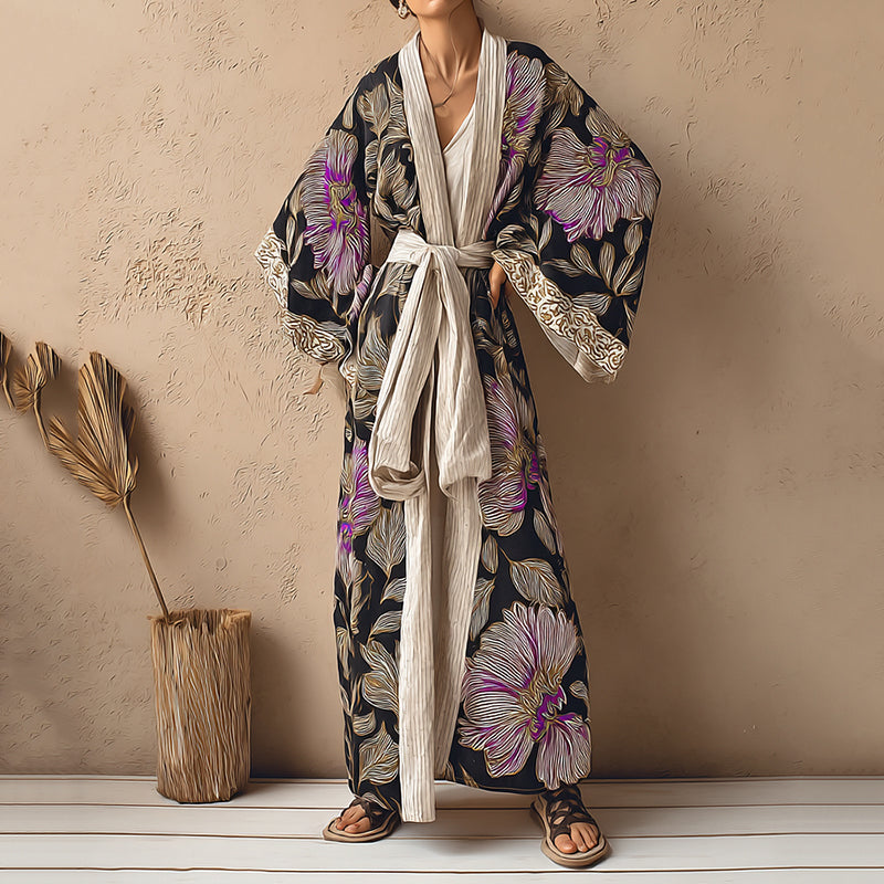 Women's Floral Art  Linen V-neck Robe elevenforest