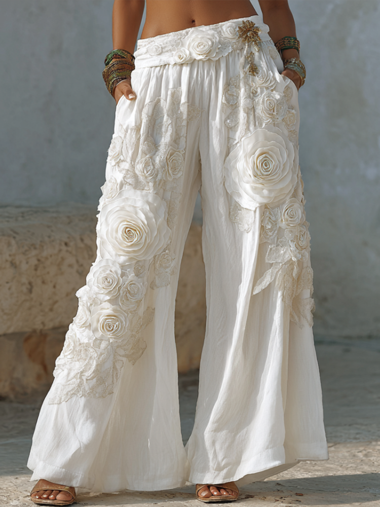 Bohemian Style White Rose Embossed Embroidery Women's Cotton And Linen Long Pants elevenforest