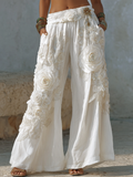 Bohemian Style White Rose Embossed Embroidery Women's Cotton And Linen Long Pants elevenforest