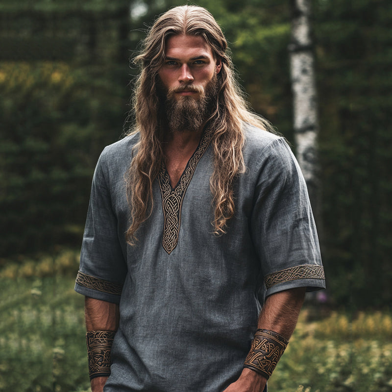 Men's Viking Tribal With Celtic Knotwork Embroidered Linen T-shirt elevenforest