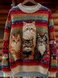 Comstylish Retro Rainbow Cat Lady Round Neck Knitted Sweater