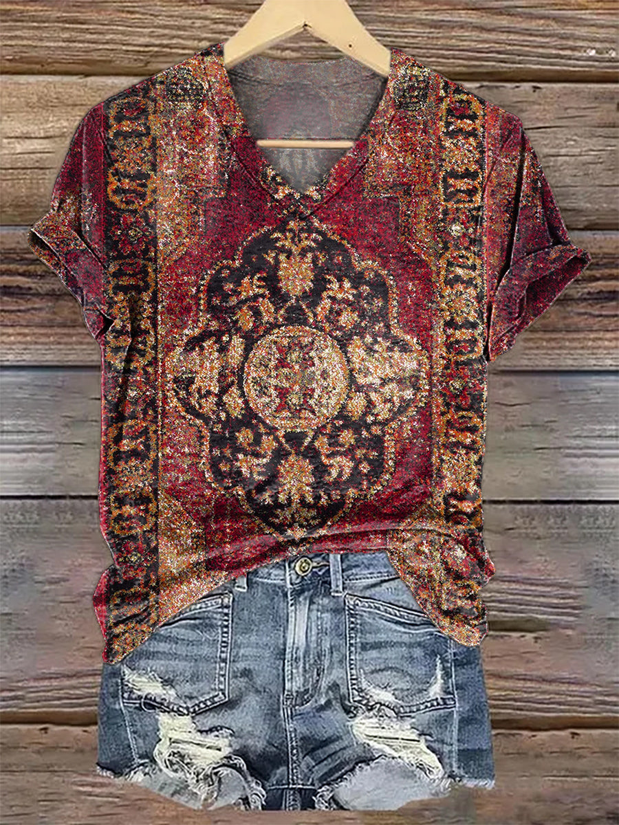 Women's Vintage Ethnic Floral Art Print V-Neck Casual T-Shirt