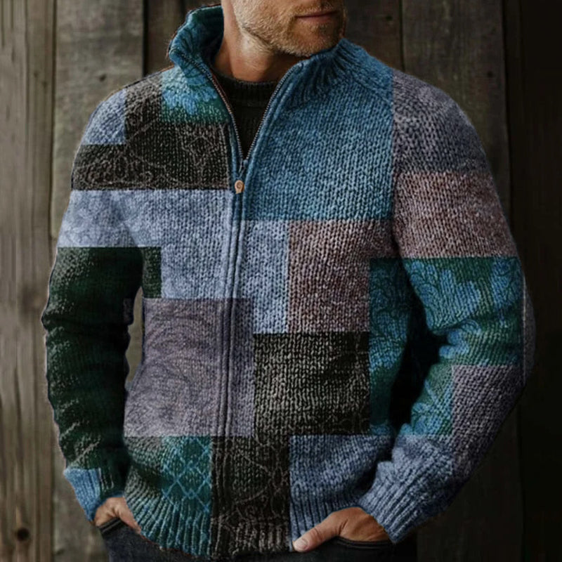 Men's Vintage Western Patchwork Design Graphic Zip Sweater elevenforest