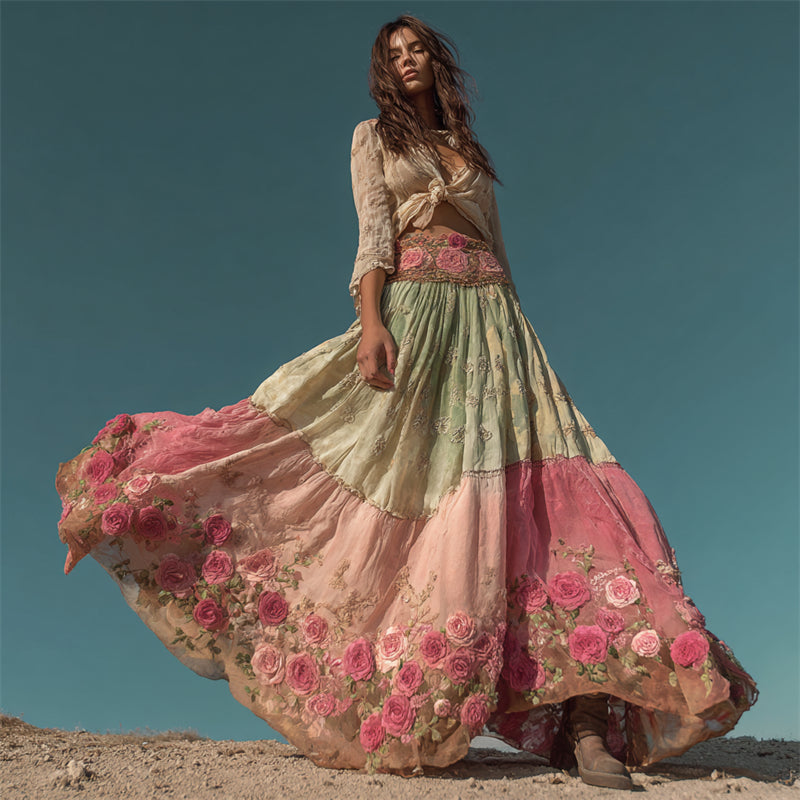 Vintage Pink Rose Embroidered Patchwork Flowy Linen Wide Skirt elevenforest