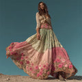 Vintage Pink Rose Embroidered Patchwork Flowy Linen Wide Skirt elevenforest