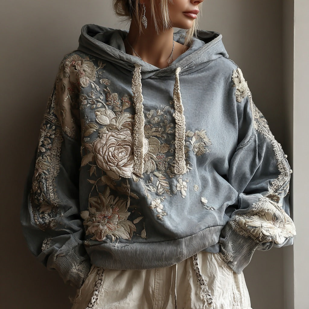 Women's Vintage Rose Floral Art Casual Warm Hoodie elevenforest