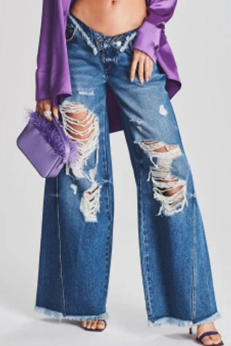 Ripped Patchwork Mid Waist Regular Denim Jeans (subject to the Actual Object)