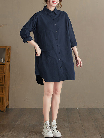 Simple Buttoned Lapel Collar Long Sleeves Blouse