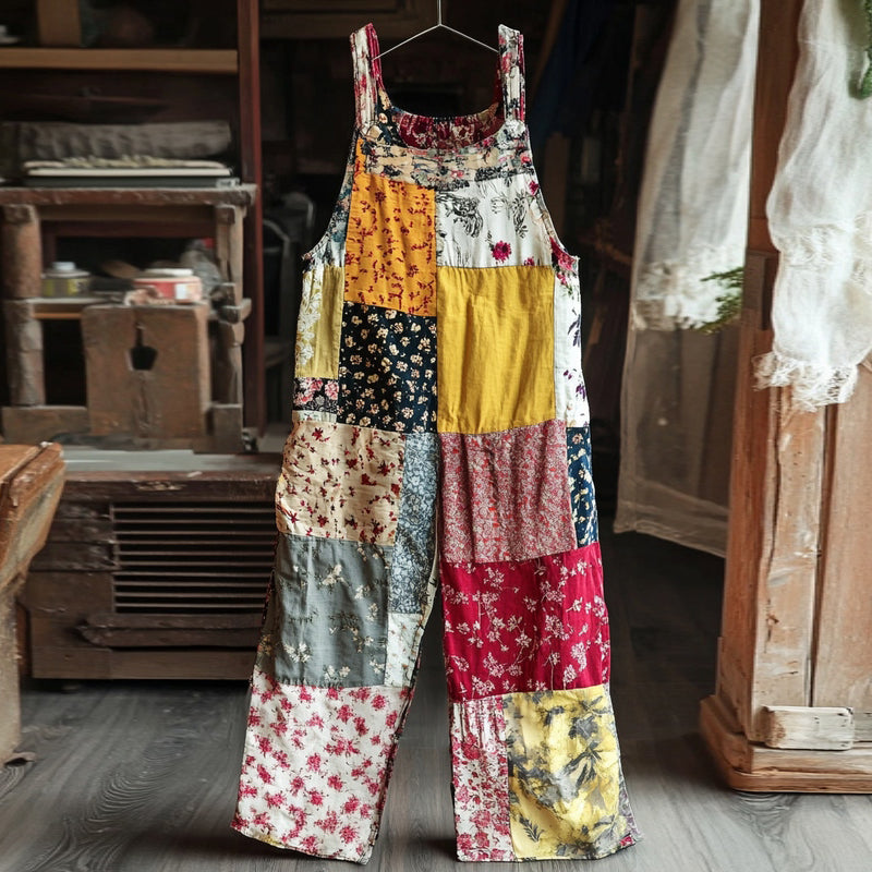 Farmland Wildflower Floral Patchwork Print Linen Jumpsuit elevenforest