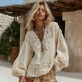Women's Vintage Vacation  Lace Floral Art V-neck Tops elevenforest