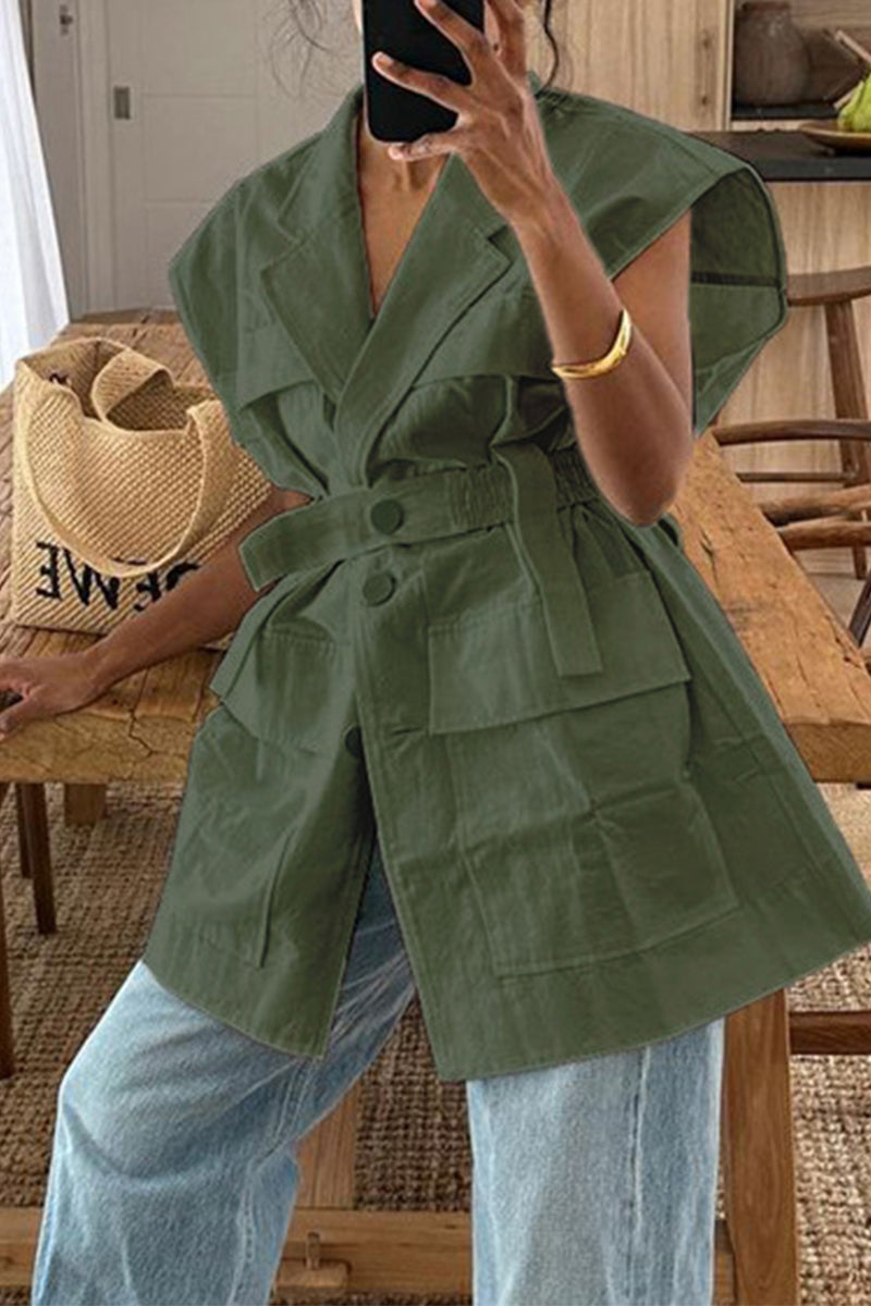 Bandage Pocket Buttons Turn-back Collar Blouses(4 Colors)
