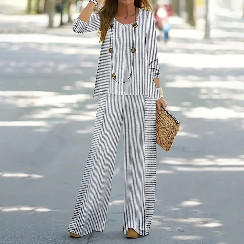 Fashion Striped Printed Round Neck T-Shirt Wide-Leg Pants Two-Piece Set elevenforest