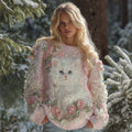 Comstylish Women's Cute Cat Pink Rose Embroidery Art Cozy Knit Sweater