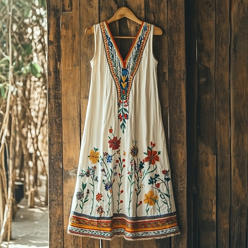 Women's Vintage Floral Embroidery Art Sleeveless Mini Dress elevenforest