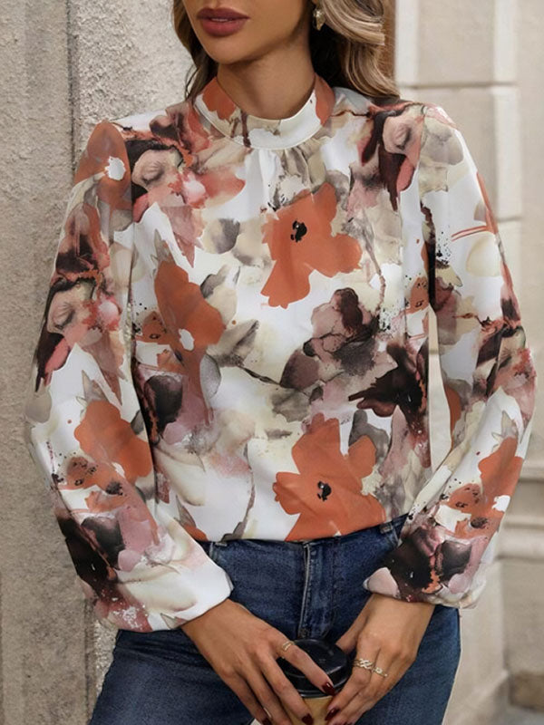 Long Sleeves Loose Elasticity Flower Print Pleated Mock Neck Blouses&shirts Tops