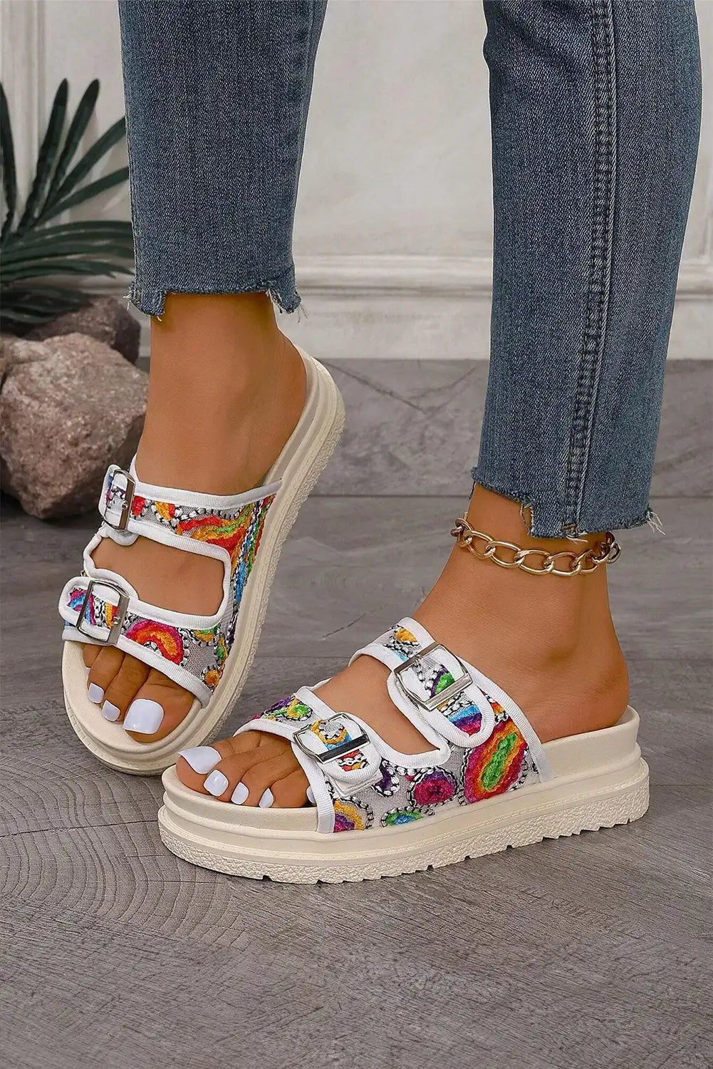 White Crochet Thick Sole Slippers
