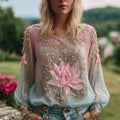 Boho Water Lily Embroidered Art Women's Linen Long Sleeve Shirt elevenforest