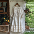 Vintage Lace Art Linen V Neck Maxi Dress elevenforest