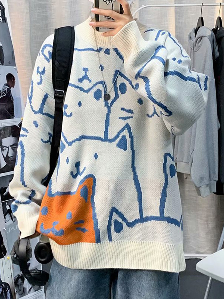 Cute Cat Pattern Loose Fit Cozy Sweater elevenforest
