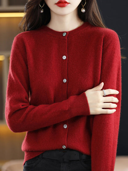 Long Sleeves Buttoned Elasticity Round-neck Cardigan Tops Knitwear