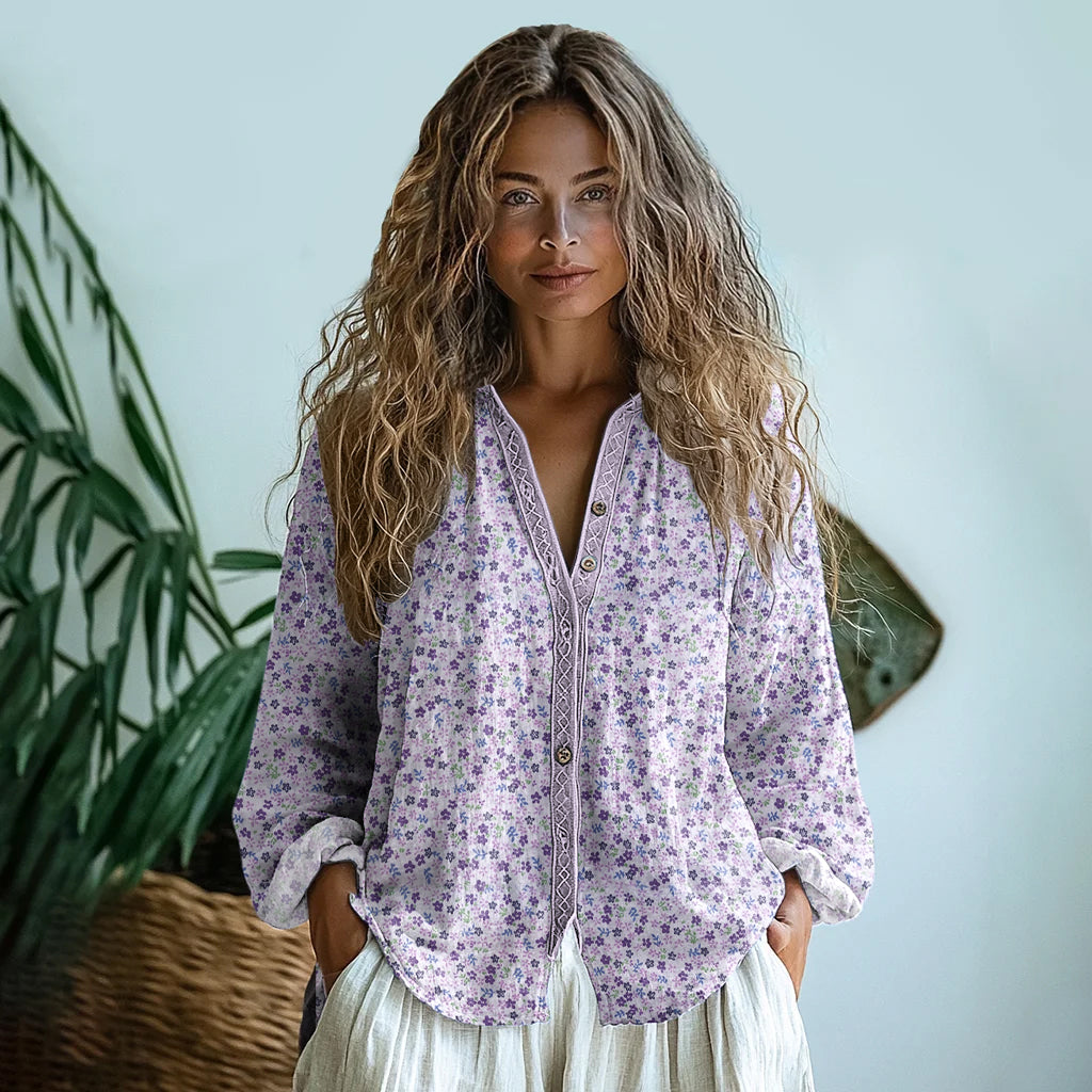 Vintage Wildflowers Floral Art  Linen Print  Long Sleeve Shirt elevenforest