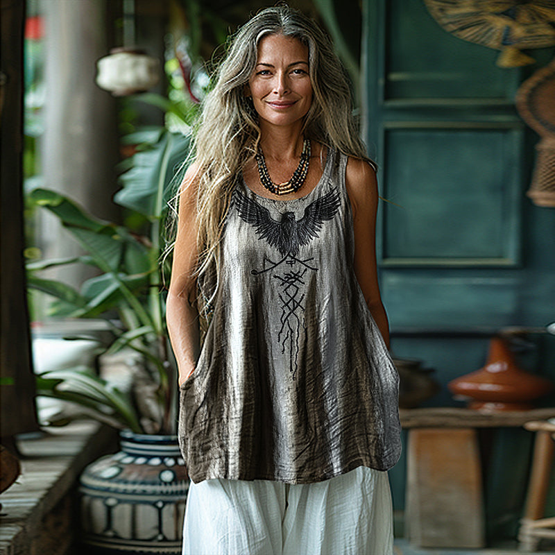 Women's Vintage Viking Raven Rune Print Cotton And Linen Vest elevenforest