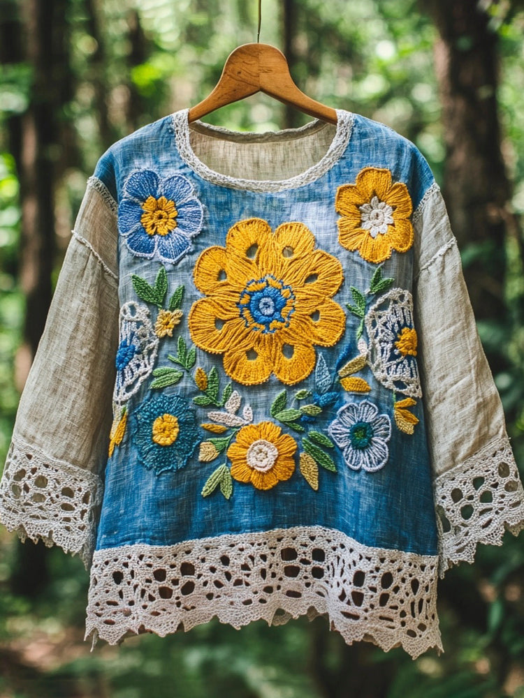 Tie-dye Gradient Floral Embroidery Lace Patchwork Women's Linen Shirt elevenforest