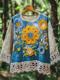 Tie-dye Gradient Floral Embroidery Lace Patchwork Women's Linen Shirt elevenforest
