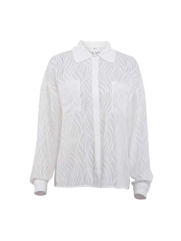 Long Sleeves Loose Buttoned Pockets See-through Color Split-joint Lapel Blouses&shirts Tops