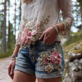Women's Bohemian Style Three-dimensional Pink Flower Design Denim Shorts elevenforest