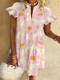 Flower Print Ruffled Short-sleeved V-neck Buttoned Dress Vacation Beach Dress