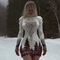 Comstylish Women's Christmas Tree Forest Celtic Knot Jacquard Knit Turtleneck Mini Sweater Dress