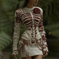 Comstylish Women's Halloween Muscle Anatomy Bandage With Rose Art Cozy Knit Mini Sweater Dress