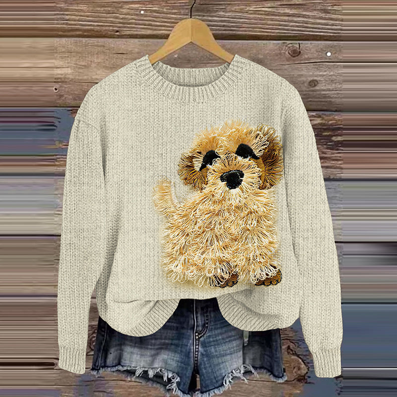 Comstylish Cute Plush Dog Embroidery Knit Cozy Sweater