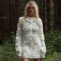 Comstylish Women's Vintage Halloween Skeleton Bones With White Rose Art Cozy Knit Mini Sweater Dress