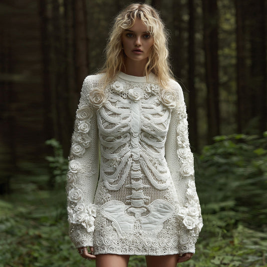 Women's Vintage Halloween Skeleton Bones With White Rose Art Cozy Knit Mini Sweater Dress artswardrobe