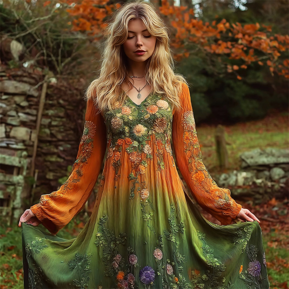 Fall Vintage Floral Embroidery Gradient Color Women's Linen V-neck Maxi Dress elevenforest