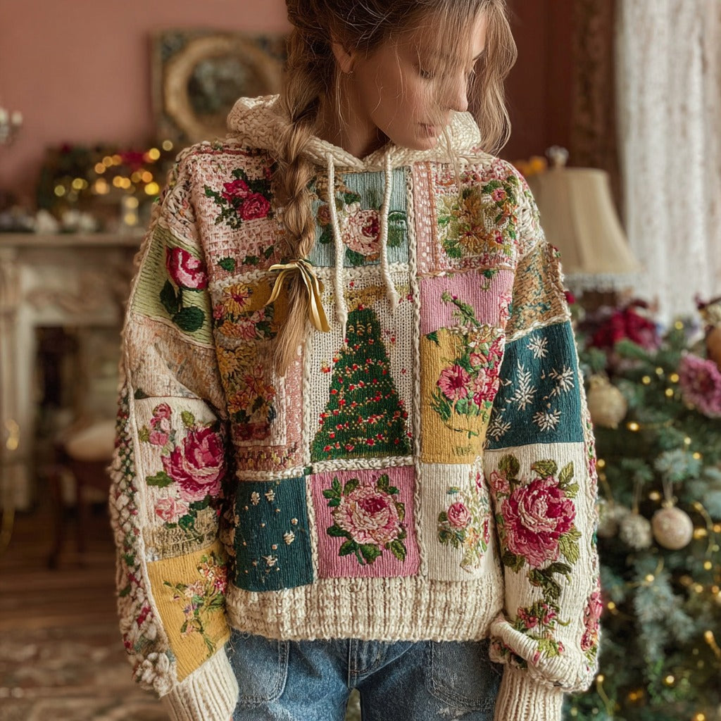 Women's Christmas Tree And Floral Pattern Knitted Hooded Sweater elevenforest