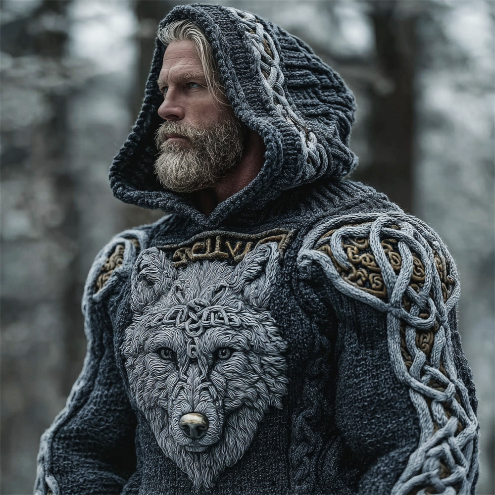 Viking Wolf Totem Men's Chunky Knit Hooded Sweater elevenforest