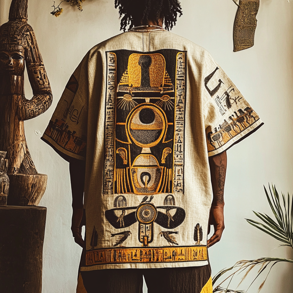 Ancient Egyptian Inspired Patchwork V Neck Linen T Shirt elevenforest