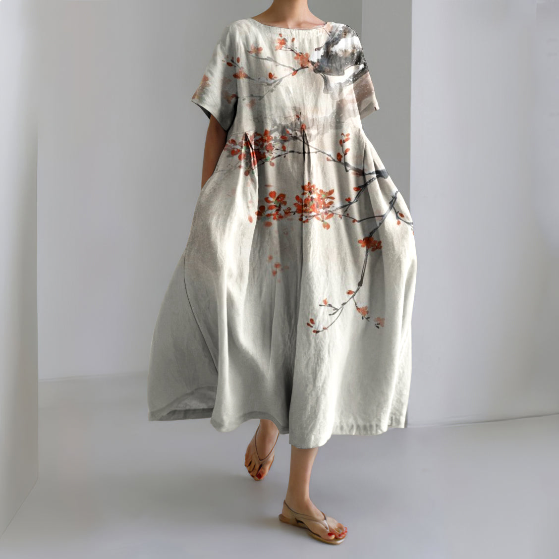 Women Japanese Floral Art Printed Casual Midi Dress elevenforest